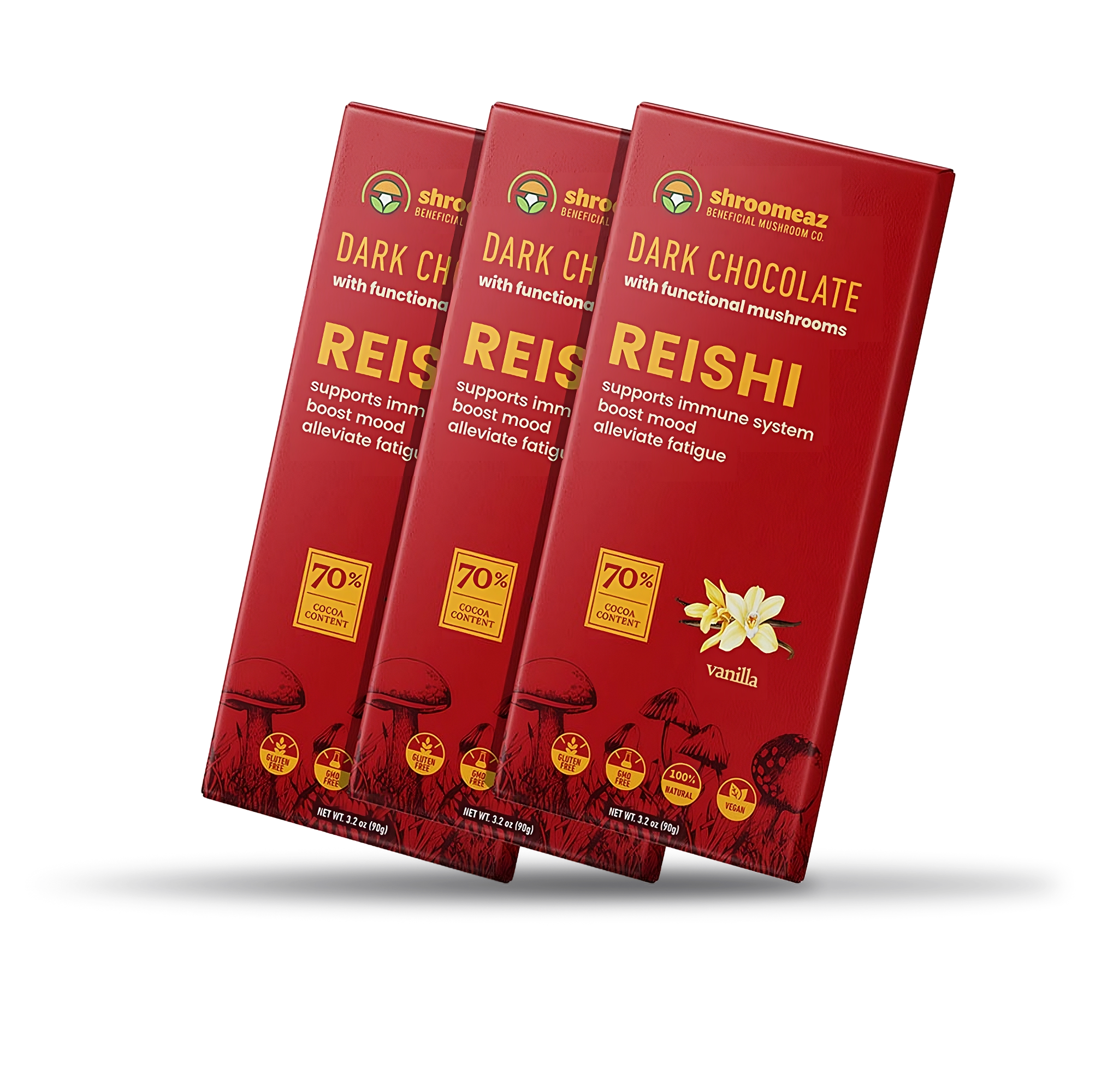 Shroomeaz Functional Mushroom Chocolate Bar with Reishi - Vegan - 70% Dark Chocolate - Only 3g of Added Sugar, 3 Count